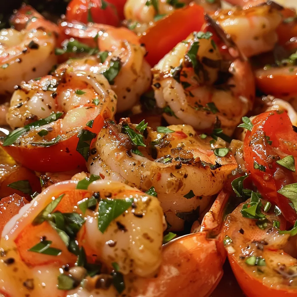 Sizzling garlic shrimp with vibrant cherry tomatoes on a plate.