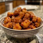 Juicy General Tso's Chicken pieces in a glossy sauce.