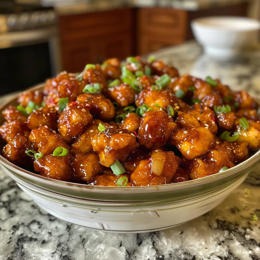 Close-up of crispy General Tso's Chicken garnished with green onions.