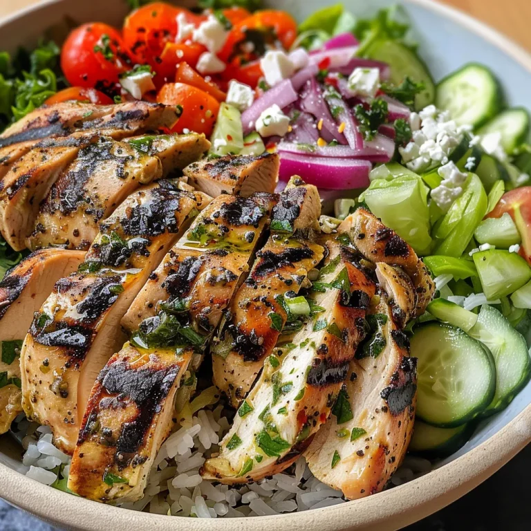 Nourishing Greek Chicken Bowls That Whisk You Away to Sunlit Shores A close-up side view of Greek Chicken Bowls featuring grilled chicken, fresh vegetables, and feta cheese.