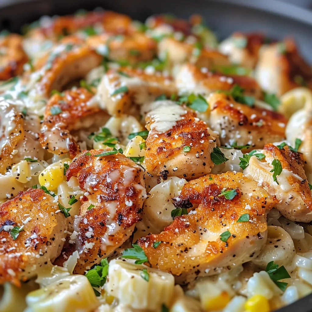 A side view of a healthy meal spread, showcasing a creamy chicken dish and a variety of pasta salads.