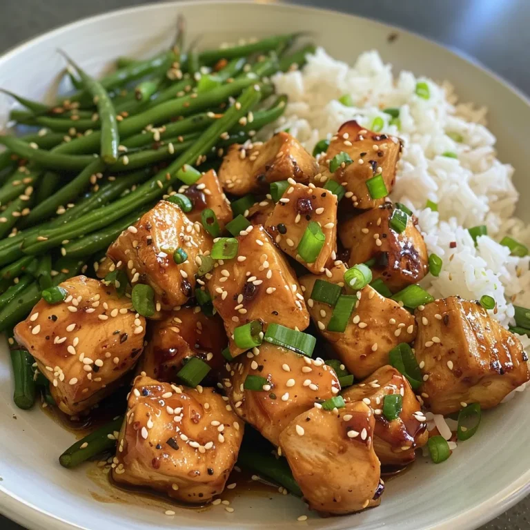 The Wholesome Sesame Chicken Recipe That Will Brighten Your Dinner Table A close-up view of Healthy Sesame Chicken with vibrant green beans and rice.