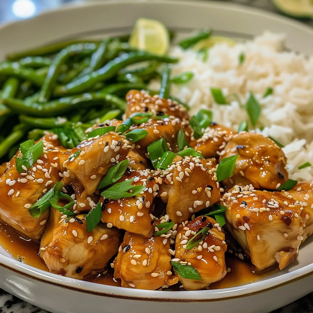 Juicy cubed chicken coated in sesame seeds, served with cooked green beans and white rice.