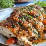 Close-up side view of a hearty chicken dish with glistening, juicy pieces.
