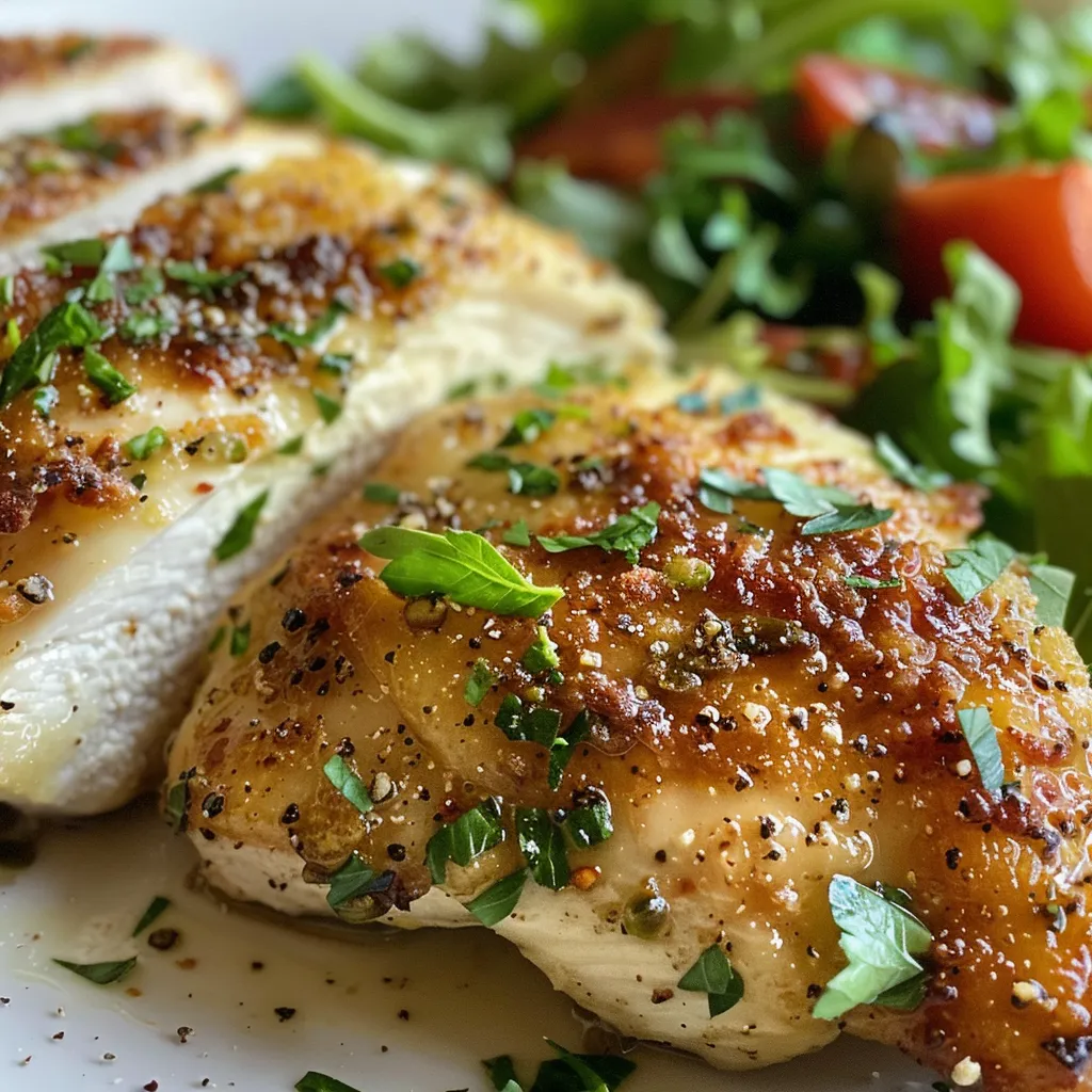 Detailed view of succulent chicken, showcasing its crispy exterior and vibrant garnishes.