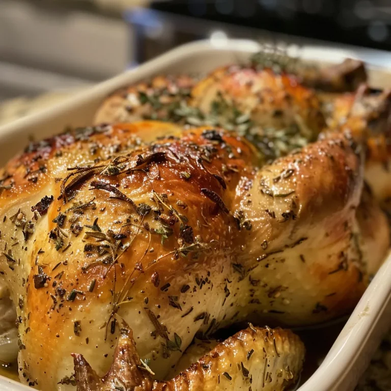 Juicy herb and garlic rotisserie chicken, seasoned and golden brown.