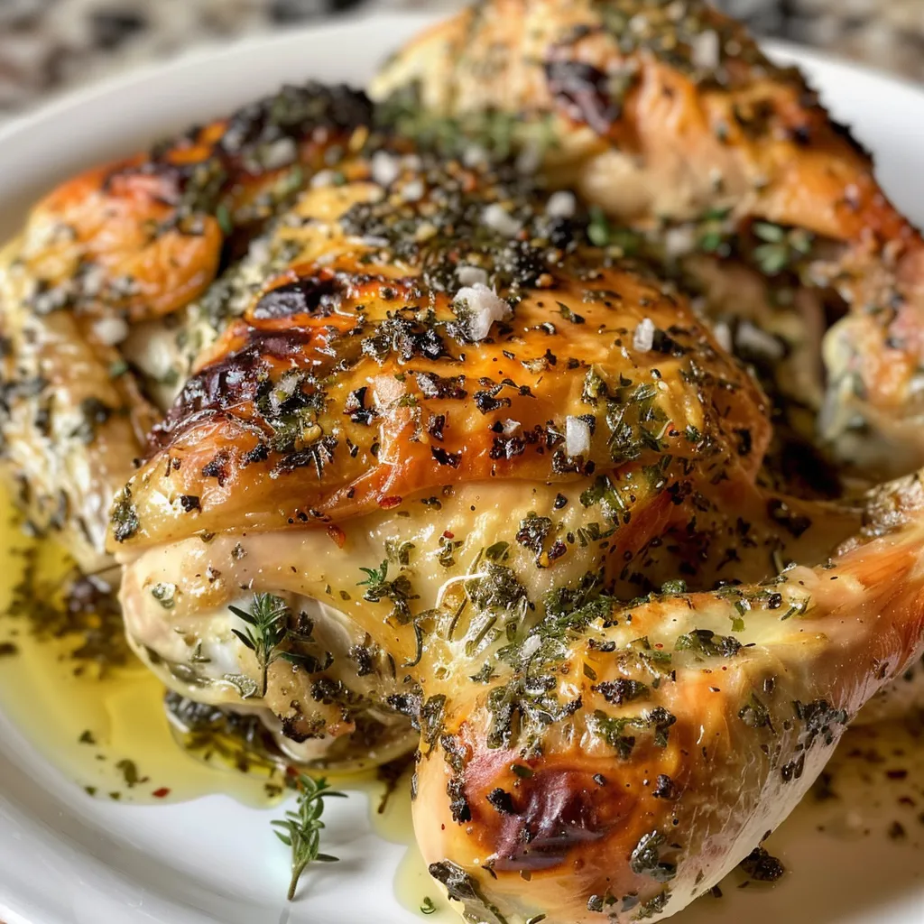 Close-up view of a whole roasted chicken with herbs and garlic.
