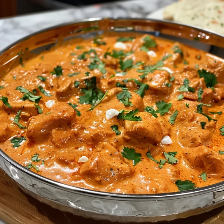 Close-up of juicy homemade butter chicken in a rich sauce with herbs.