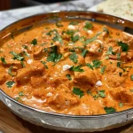 Close-up view of juicy homemade butter chicken with creamy sauce and garnished parsley.
