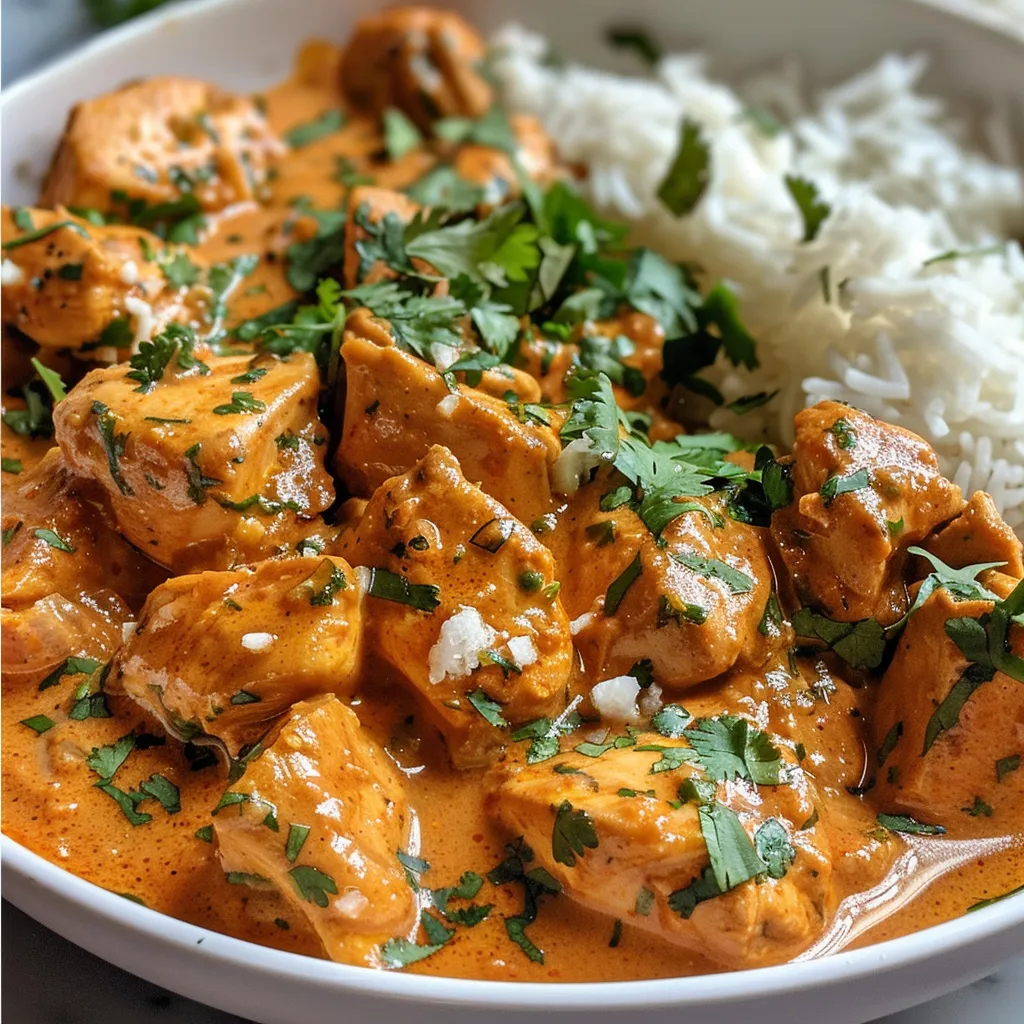Side view of a plate featuring butter chicken with naan and rice.