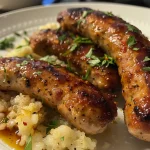 Close-up view of juicy homemade chicken breakfast sausage on a plate.