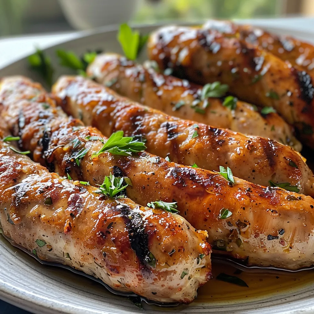 Side view of freshly cooked chicken sausage, highlighting its texture and juiciness.