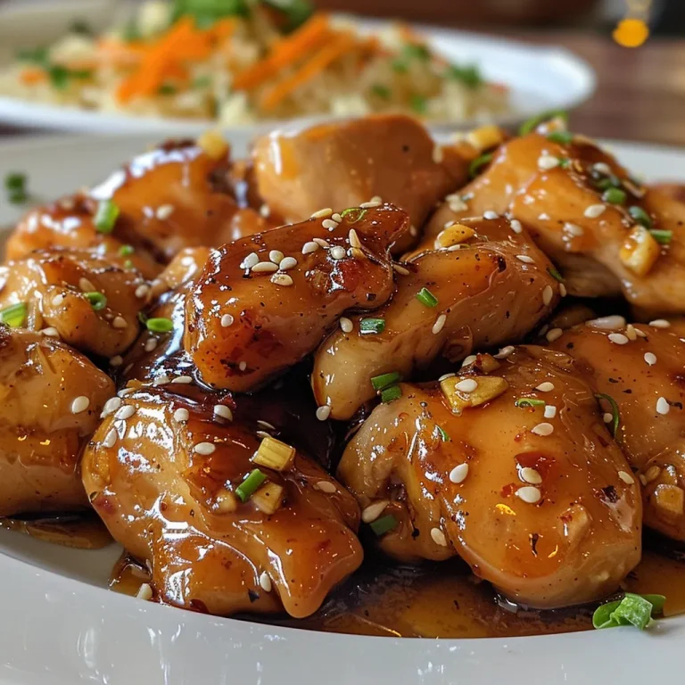 Close-up view of juicy honey garlic chicken breasts garnished with garlic cloves.