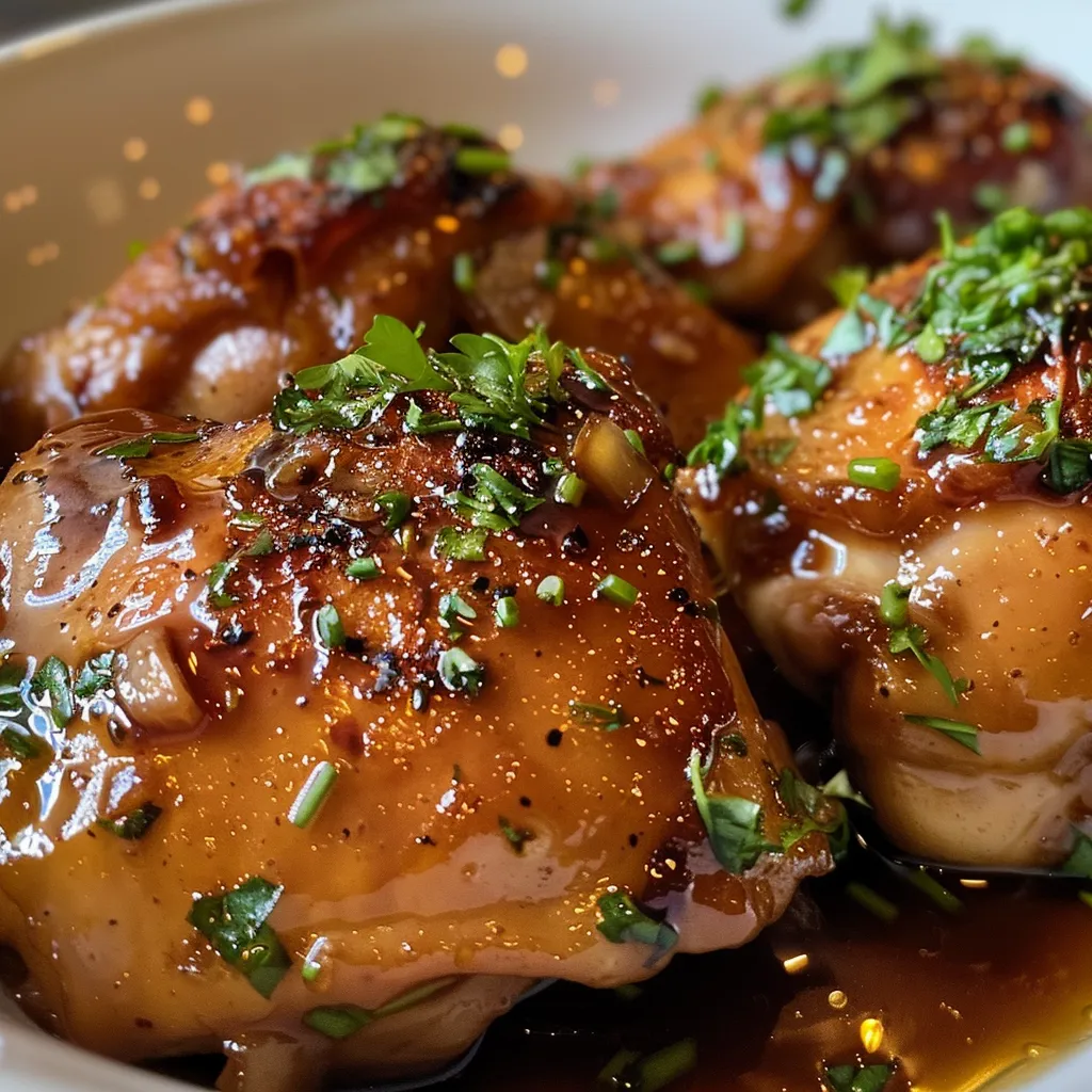 Side shot of tender chicken breasts coated in a glossy honey garlic sauce.