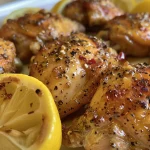 Juicy honey lemon pepper chicken thighs with a golden-brown glaze.