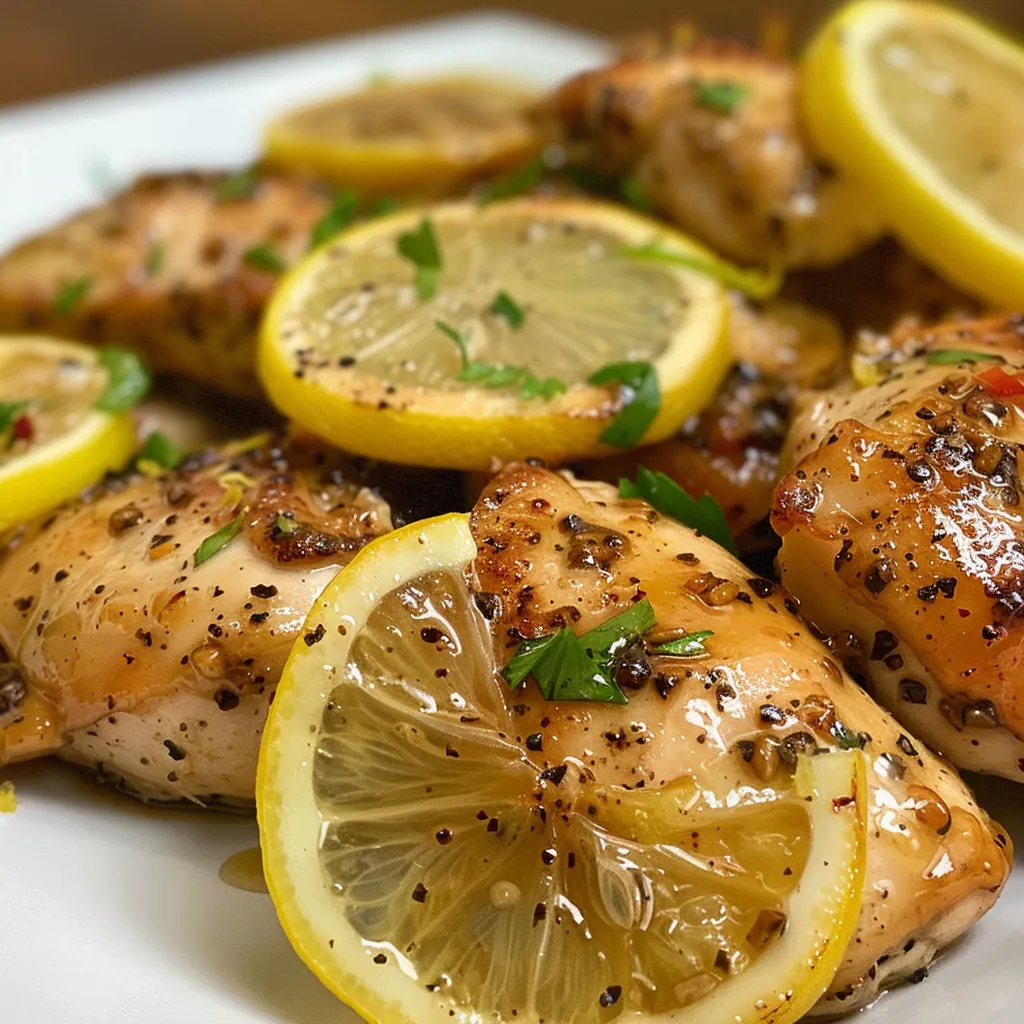 Close-up side view of chicken thighs garnished with lemon slices.