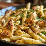 Close-up view of Honey Mustard Chicken Pasta with penne and diced chicken.