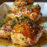 Close-up view of juicy honey mustard chicken on a plate.