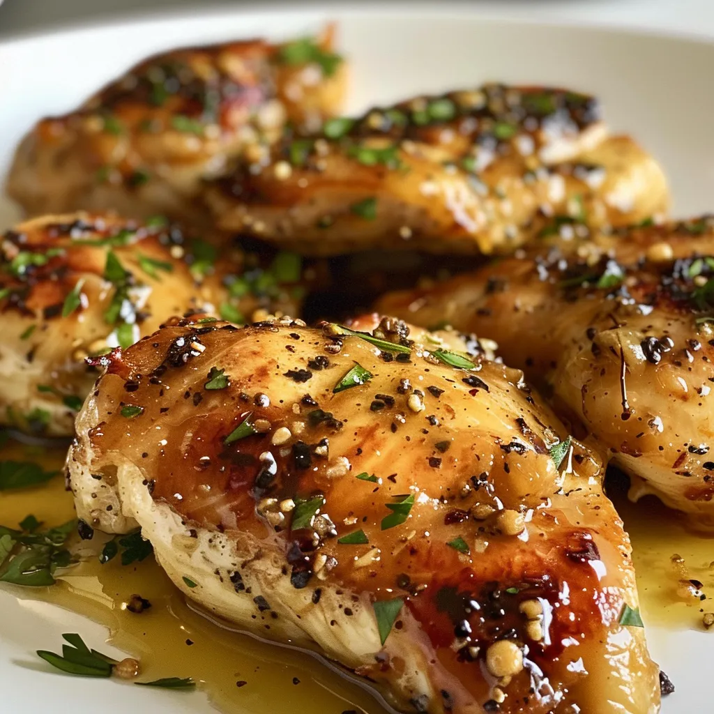 Side view of tender chicken breasts drizzled with honey mustard sauce.