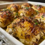 Close-up view of juicy baked chicken breast with a golden-brown crust and herbs.