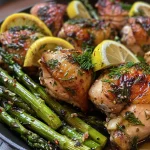 A close-up view of juicy Lemon and Dill Butter Garlic Chicken served with asparagus.