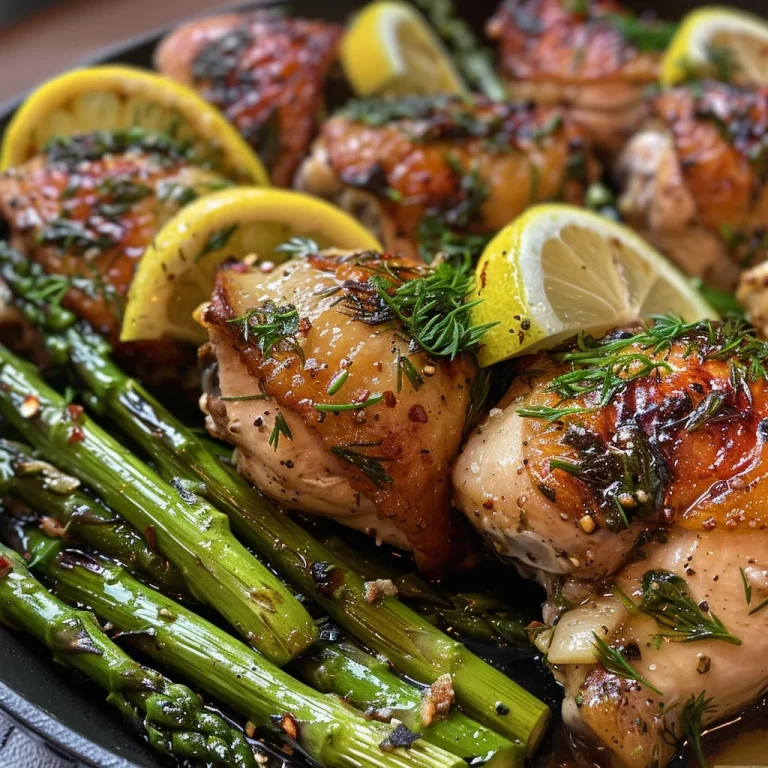 A Heartfelt Feast: Lemon and Dill Butter Garlic Chicken with Asparagus A close-up view of juicy Lemon and Dill Butter Garlic Chicken served with asparagus.