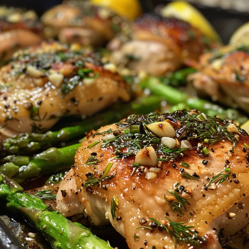 Side view of a plate featuring Lemon and Dill Butter Garlic Chicken and vibrant green asparagus.