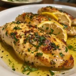 Juicy Lemon Garlic Chicken thighs garnished with fresh parsley.