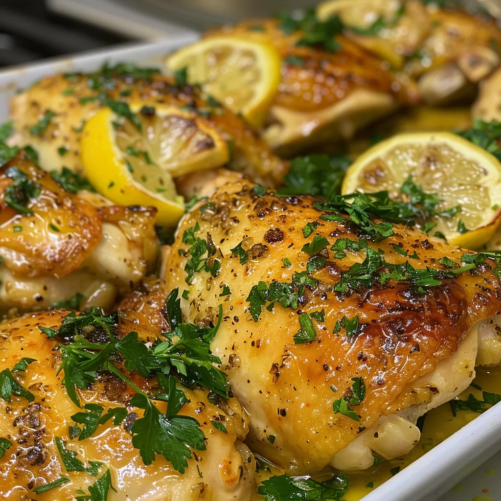 Close-up view of Lemon Garlic Chicken with golden-brown skin and garlic pieces.