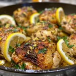 A close-up view of juicy lemon garlic skillet chicken, highlighting its golden-brown skin and fresh herbs.