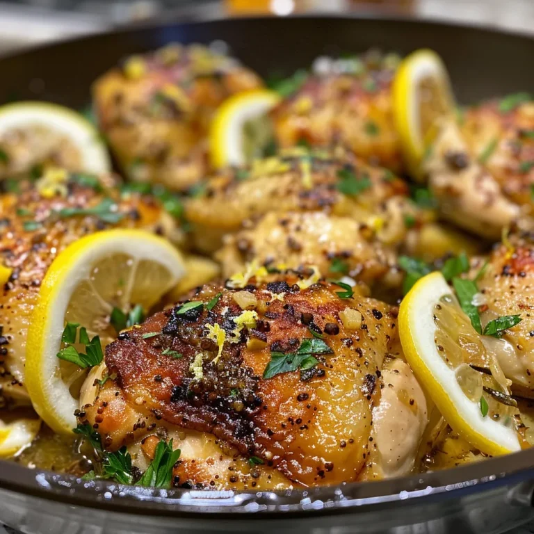 Close-up of juicy Lemon Garlic Skillet Chicken with herbs and lemon slices on a plate.