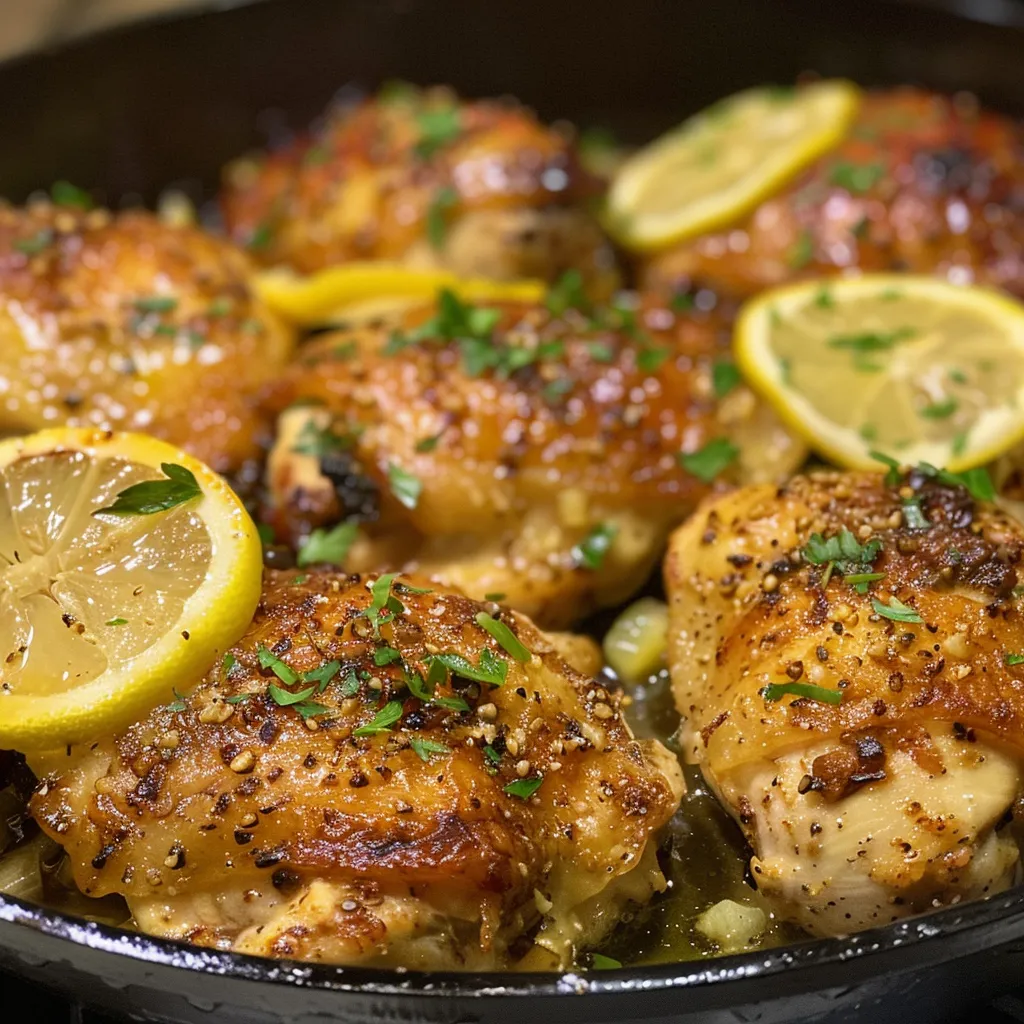 A side view of delicious lemon garlic chicken, garnished with sliced garlic and lemon wedges.