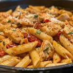 A close-up view of Marry Me Chicken Pasta, showcasing juicy chicken thighs, farfalle pasta, and vibrant spinach.