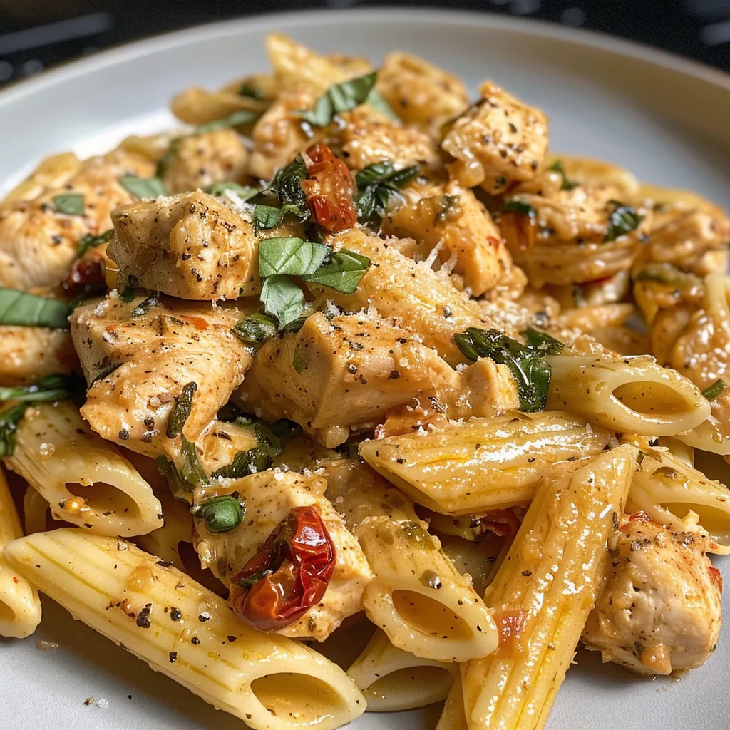 Side view of a plate filled with Marry Me Chicken Pasta garnished with fresh basil.