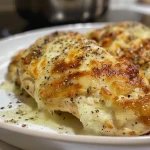 Close-up of juicy chicken breast coated in creamy sauce with a sprinkle of herbs.