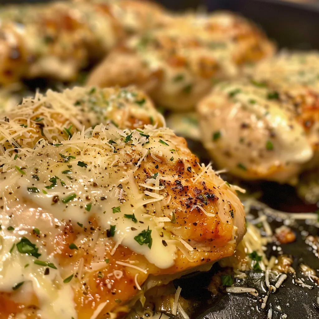 Close-up of a Melt In Your Mouth Chicken Breast, garnished lightly and glistening with juices.