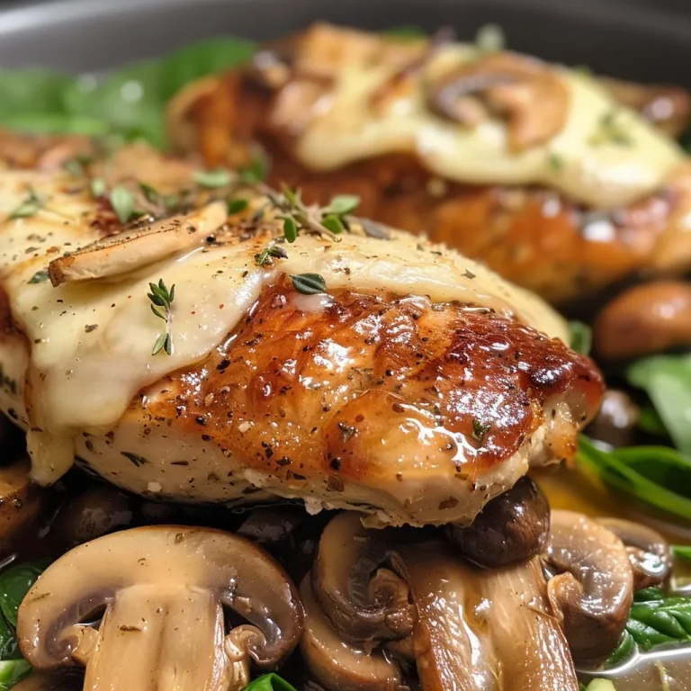 Juicy mushroom stuffed chicken breast with a golden crust, sliced to reveal the filling.