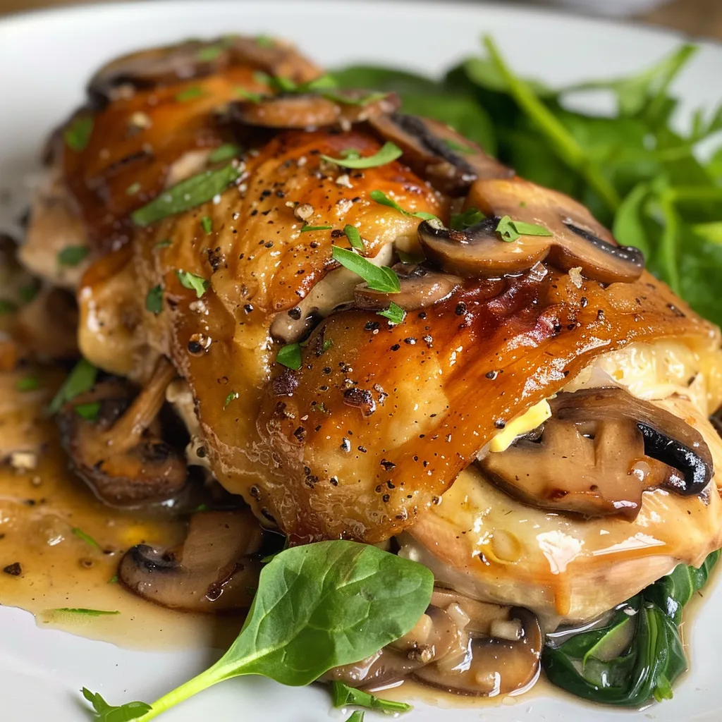 A side view of a mushroom stuffed chicken breast, showcasing its delicious stuffing and melted cheese.