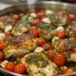 Close-up image of juicy balsamic chicken with cheese and tomatoes.