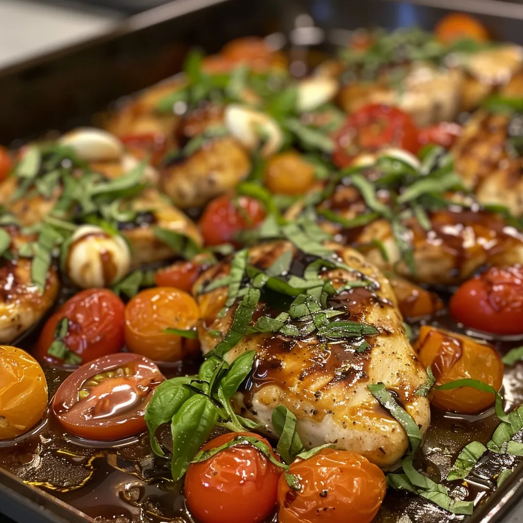Side view of a plate featuring One Pan Balsamic Chicken, topped with fresh basil.
