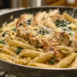 A close-up view of One Pan Garlic Parmesan Chicken Pasta topped with fresh spinach.