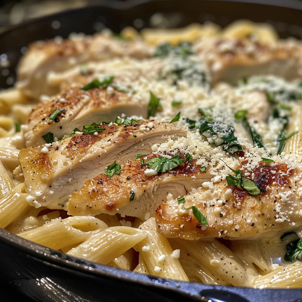 Juicy chicken breasts served in a creamy garlic parmesan sauce with pasta.