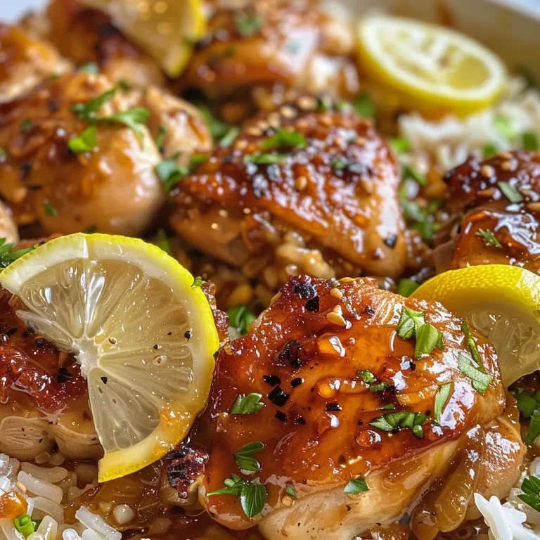 The One-Pan Wonder That Makes Dinner Feel Like Home Close-up view of One-Pan Honey Butter Garlic Chicken with rice, garnished with parsley and lemon slices.