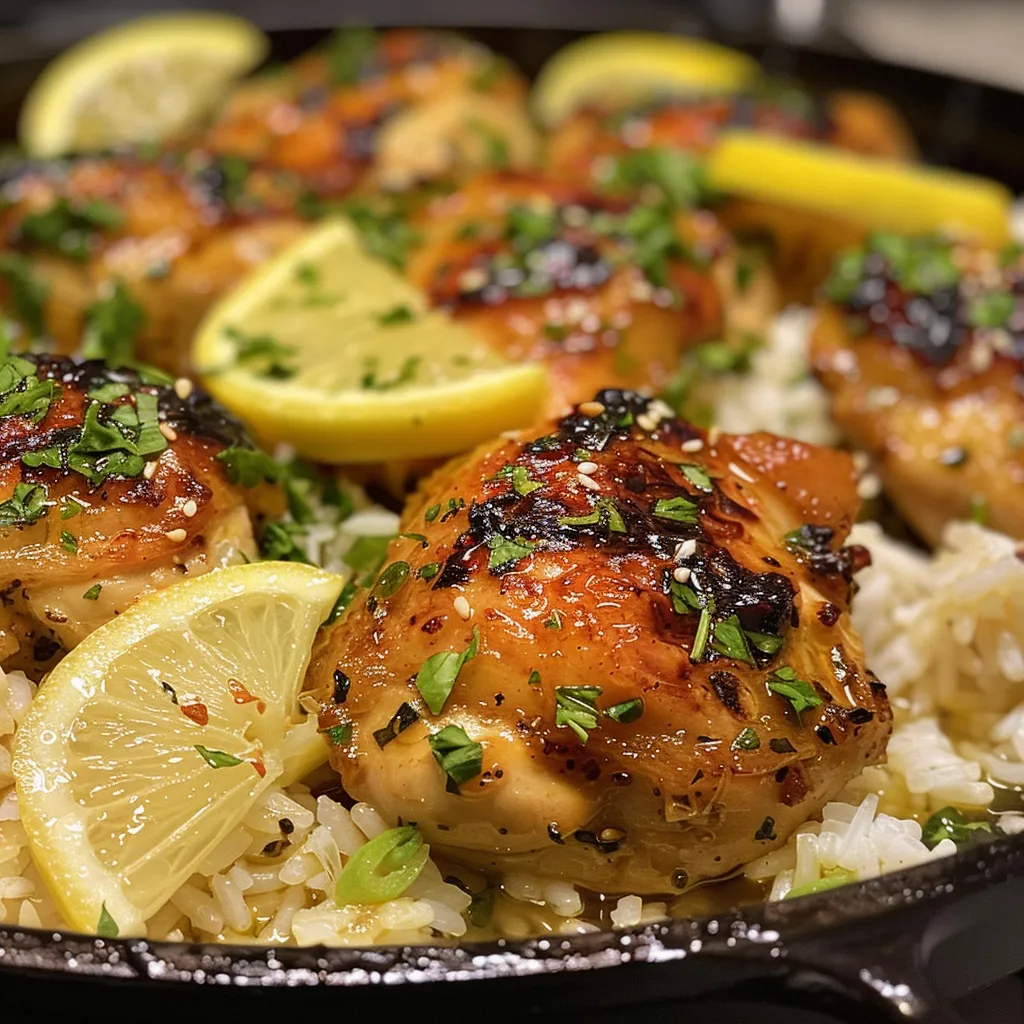 Juicy chicken thighs in a honey garlic sauce served over white rice, highlighted by fresh parsley.