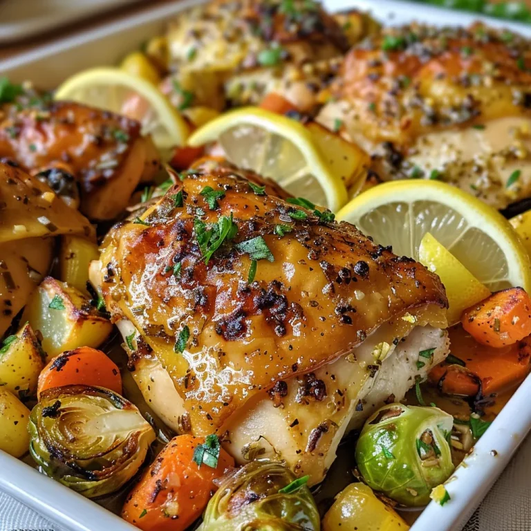 Close-up of juicy One-Pan Lemon Garlic Chicken with vibrant vegetables.