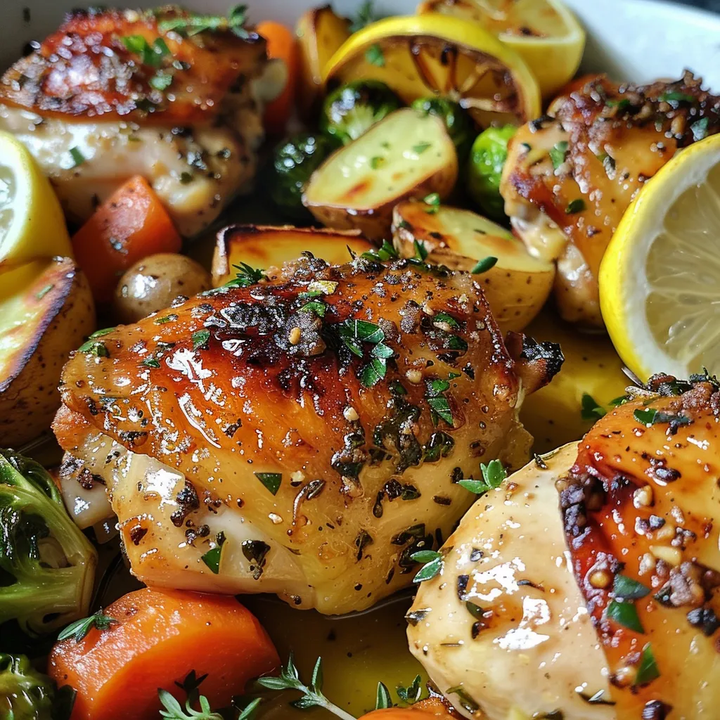Side view of cooked chicken breasts on a plate with golden roasted veggies.