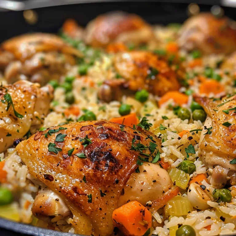 Close-up view of a sumptuous One Pot Chicken and Rice dish, showcasing juicy chicken thighs and colorful vegetables.