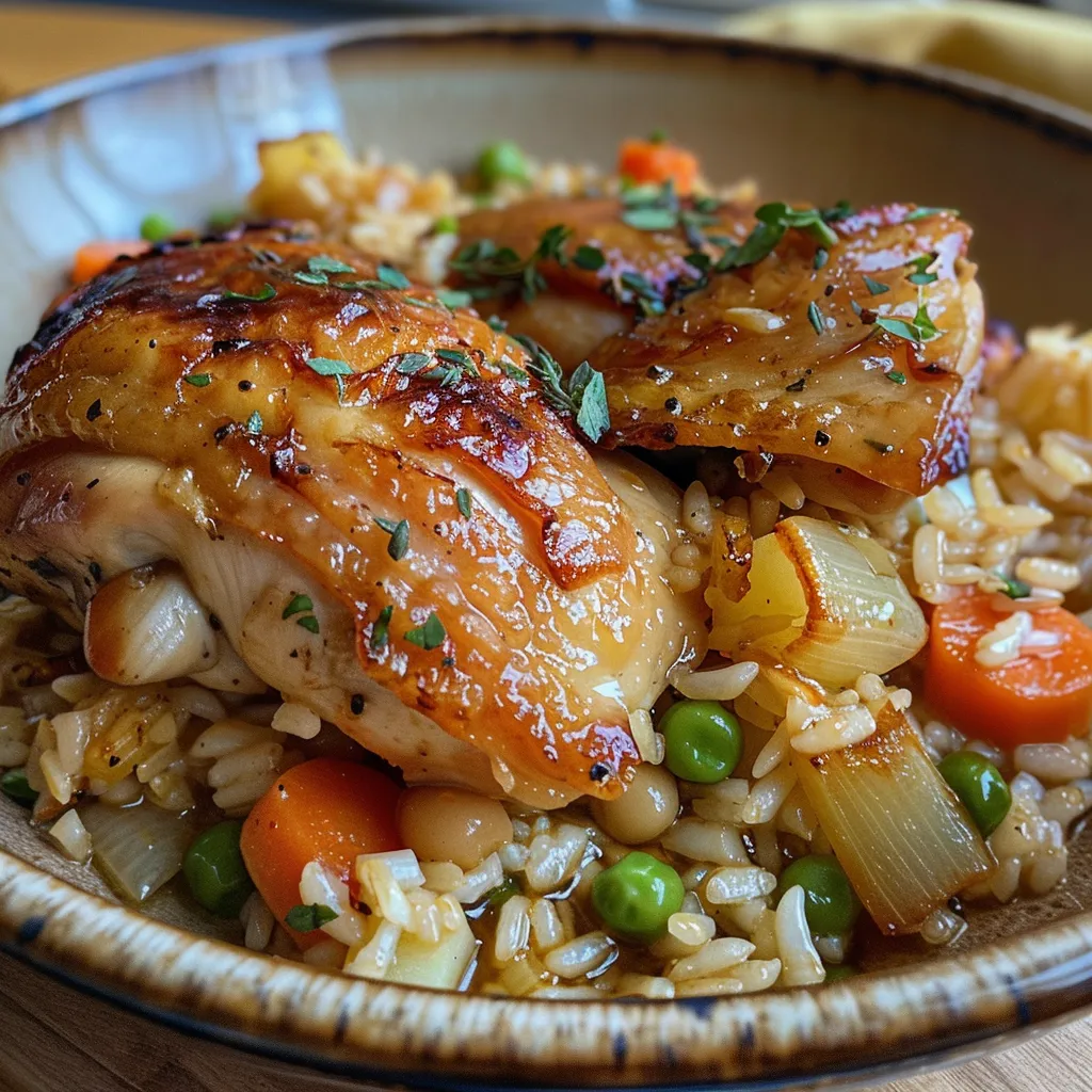 Side view of a delicious One Pot Chicken and Rice meal, highlighting the golden chicken and vibrant rice.
