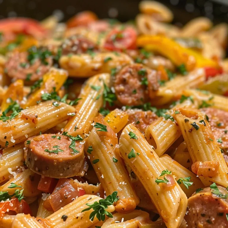 Close-up of creamy Cajun sausage pasta with colorful bell peppers and parsley.