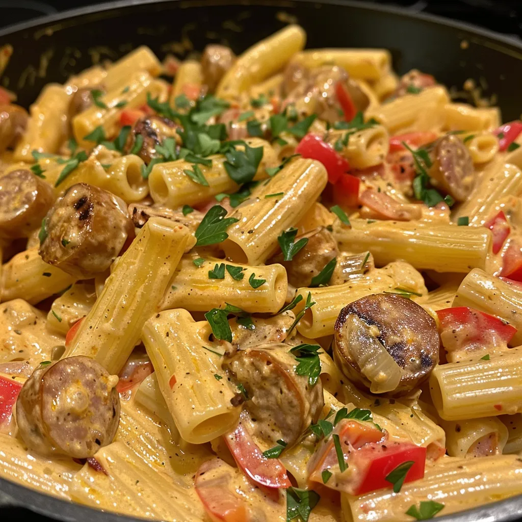 A bowl of one pot creamy Cajun sausage pasta, featuring sausage slices and a creamy sauce.